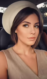 a woman wearing a white hat sitting in a car