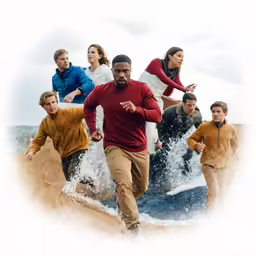 several people are running on the beach