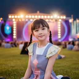 a little girl with a pink bow sitting on a field