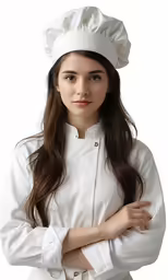 a woman in a chef uniform, with her arms crossed