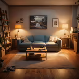 a living room with a light blue sofa and various pictures