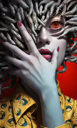 a lady that is wearing nails, a weird look and looks like she is surrounded by birds