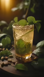a glass with ice sits on a wooden table