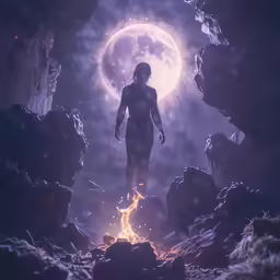 the character stands in front of a huge moon