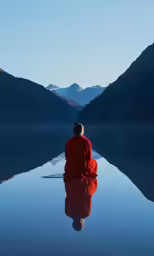 the person is sitting on a rock by a lake
