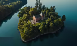an aerial photo of a house surrounded by trees in the water