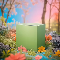 a box sitting in the middle of a flower garden