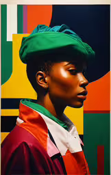 a close up of a person with a green hat,an artistic image of a woman in a green hat