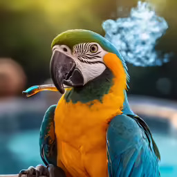 the bird is sitting on a pole outside