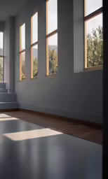 a large empty room with multiple windows looking out