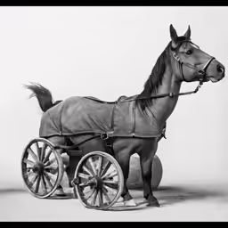 a horse standing next to a cart