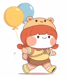 anime girl running with balloons and a backpack