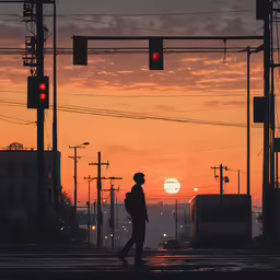 the silhouette of a person walking on a crosswalk