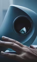 a person is pointing at the center of a speaker