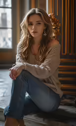 a girl sitting on the floor with her legs crossed