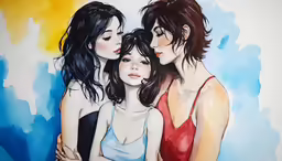 two females hugging, one on a blue and yellow background