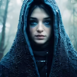 a woman with dark makeup and a blue hood