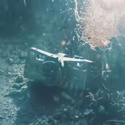camera sitting in dirt and with rain and sun coming through