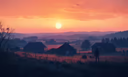 a silhouette of people in a pasture at sunset