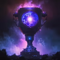 the front view of a blue and purple robot with the lights turned on