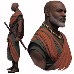 some renderings of a man wearing an orange outfit