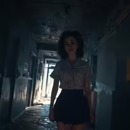 a woman is standing in the hallway in a horror movie