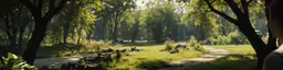 there are many animals running on a path in the woods