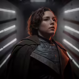 a female solo soldier star wars character in uniform and with lights on