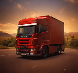 a large truck moving down a rural road,red truck driving down the highway in front of a sunset