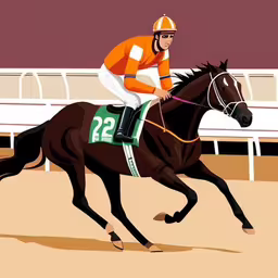 a jockey riding on the back of a black horse,an equestrian horse running along side a race track