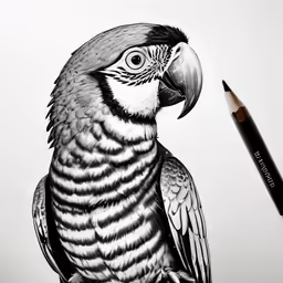 an artistic drawing of a parrot and a pencil