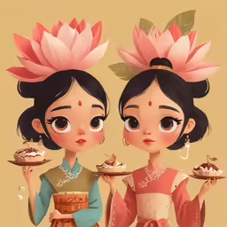 an illustration of two asian children holding desserts
