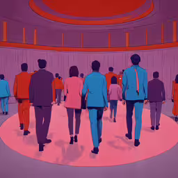a colorful and stylized illustration of some people in a conference room,a painting of a group of people in suits and ties