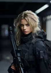 woman in full armor holding rifle in urban setting,young woman dressed in military clothes holding a rifle