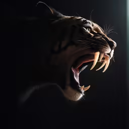 a black and white tiger roaring on its left side