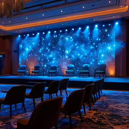 the stage with four empty chairs set up for a show,a group of chairs in front of stage lights and stars
