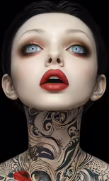 a woman with large blue eyes and tattoos on her back