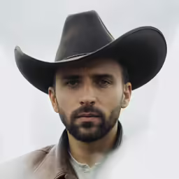a man wearing a brown cowboy hat and a leather jacket