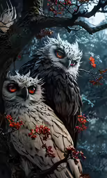 two owls sitting next to each other on a tree branch