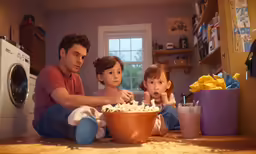 a man and three children watching something in a bowl