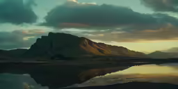 clouds hover over an icy mountain lake at sunset