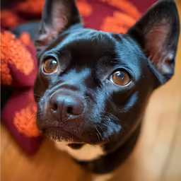 a black dog sits on a floor and looks up at the camera