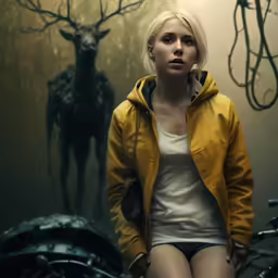 the young woman is posing in front of a deer