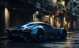the blue sports car is driving down the street