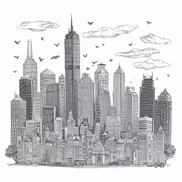 this is a drawing of a city with birds