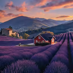 a house in the middle of a large lavender field