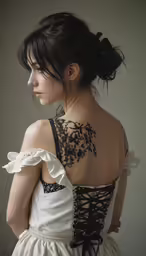 a woman in a dress with intricate blackwork on it