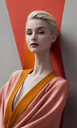 a woman with blonde hair, wearing pink dress and posing against a wall