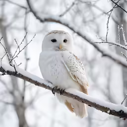 a snow covered owl sitting on top of a tree branch