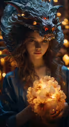 a lady dressed in an elaborate costume holds a white flower,a woman with long hair wearing a helmet holding flowers
